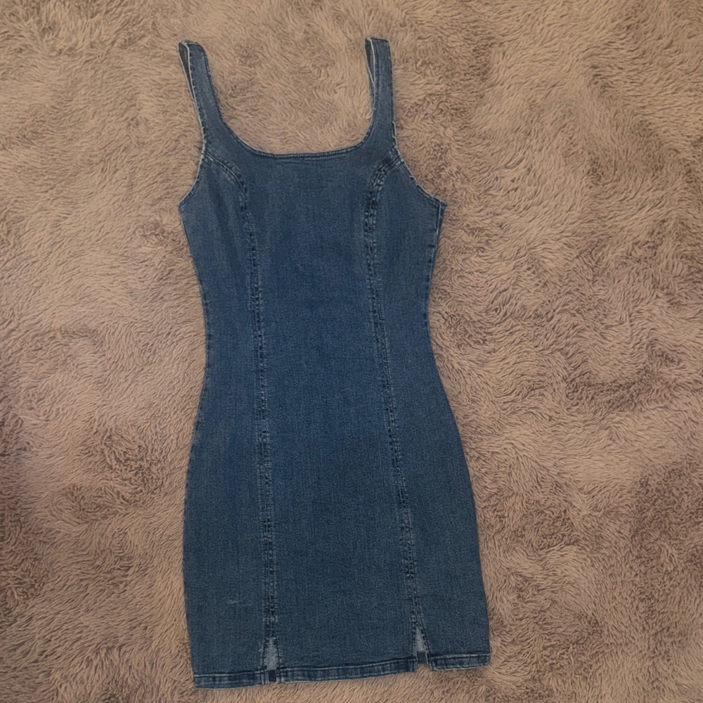 Topshop Blue Denim Mini Dress Sleeveless Casual Fitted Low back Nordstrom size 4 - Picture 2 of 6